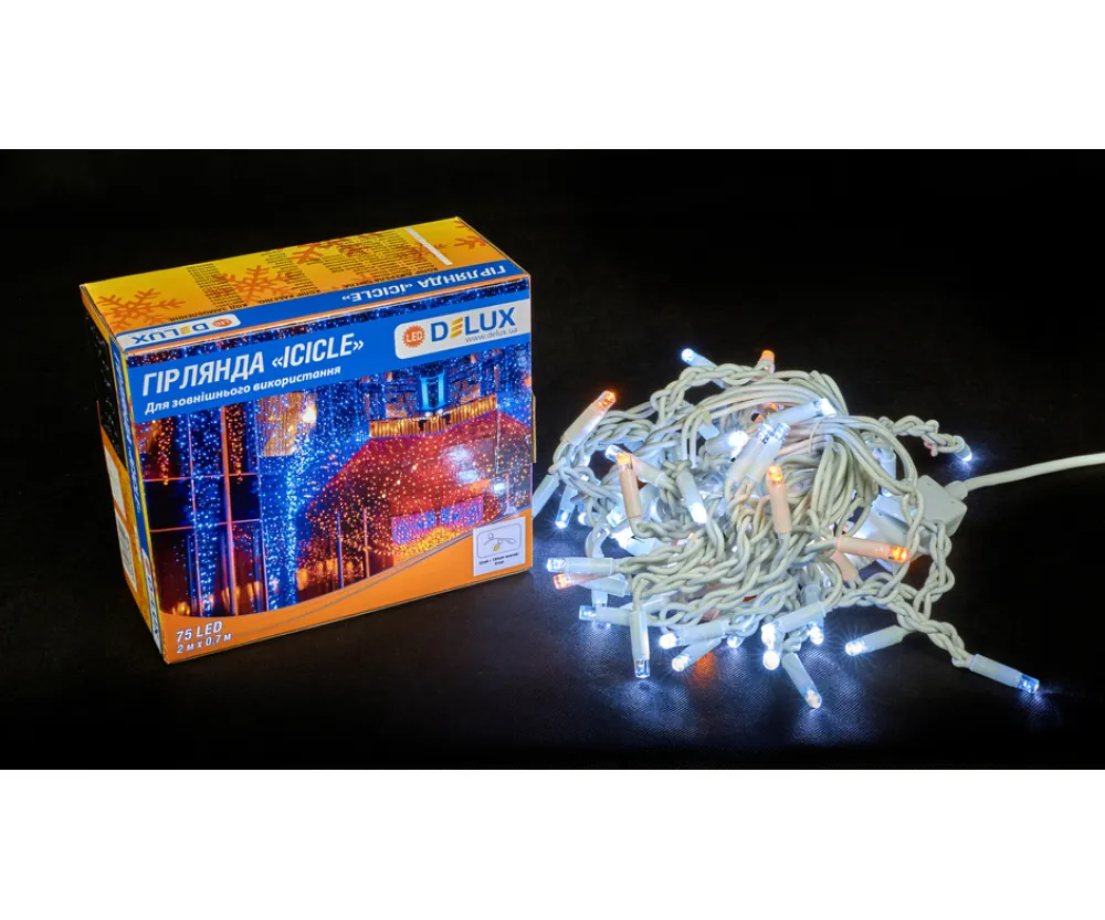 Гирлянда внешняя Delux Icicle 75 LED бахрома 2x0,7m 18 желтый flash белый/белый IP44 EN 90015181